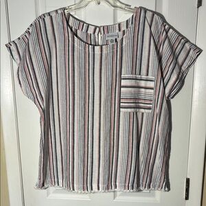 LizClaiborne NWOT linen cotton pullover top blue red stripe short slv pocket XXL